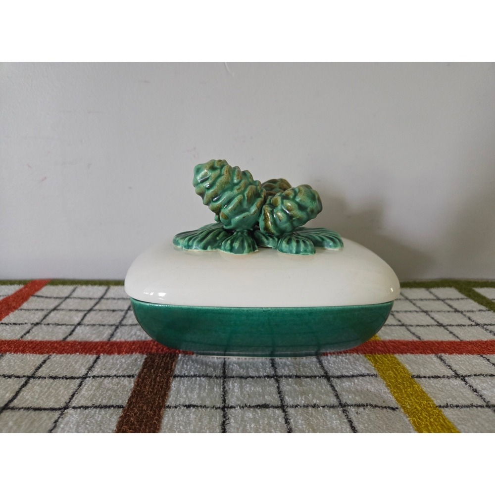 Vintage USA Ceramic Pinecone Trinket Box Green White Rectangular Lidded Dish